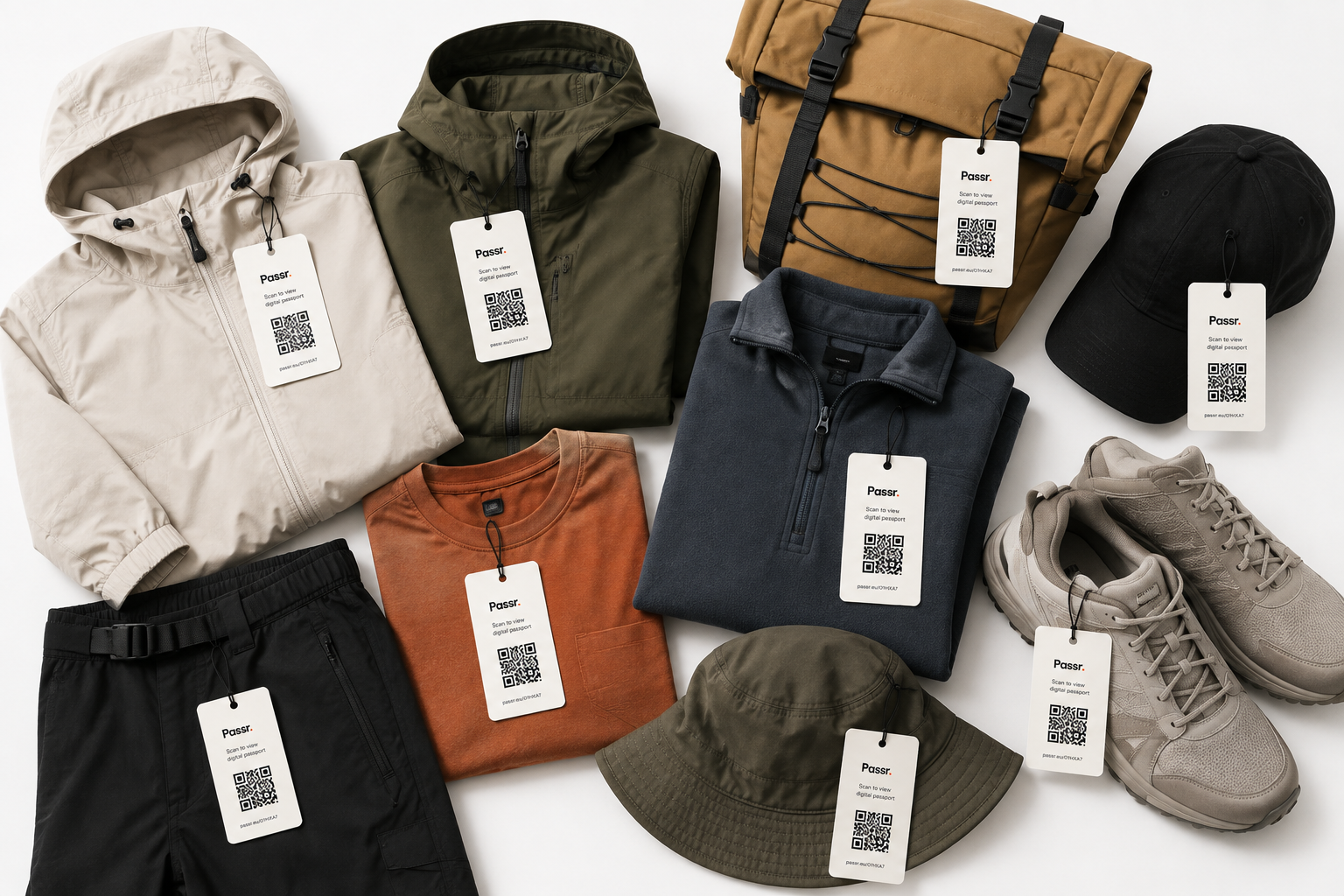 Outdoor apparel digital passport flat lay showcase